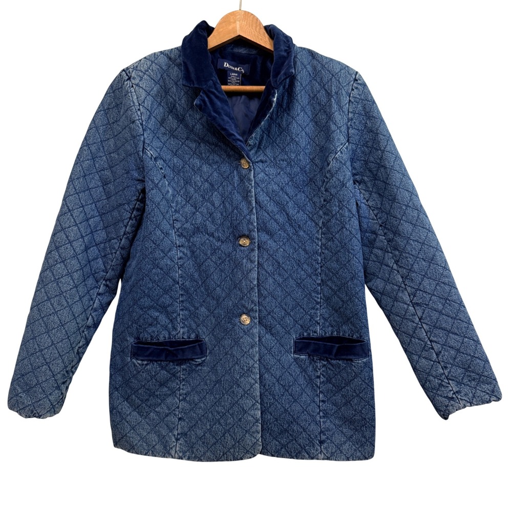 Vintage Denim & Co Quilted Jacket Womens Large Blue Velvet Trim Barn Coat Lined
